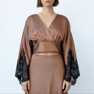 NEW ZARA SATIN LACE KIMONO BLOUSE - XS